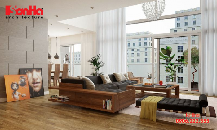 Không gian phòng khách đẹp với nội thất gỗ được bài trí bắt mắt 