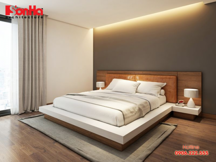 Thiết kế nội thất phòng ngủ ấm cúng với giường gỗ công nghiệp 
