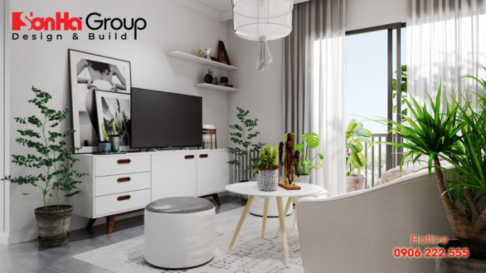 Thiết kế nội thất phòng khách căn hộ phong thủy với màu xám và trắng 